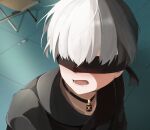  1boy black_blindfold blindfold choker highres indoors male_focus meme nier:automata nier_(series) sailor_moon_redraw_challenge_(meme) short_hair solo upper_body user_yjsy7423 white_hair yorha_no._9_type_s 