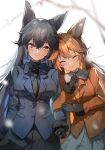  2girls absurdres animal_ears black_gloves black_hair black_necktie black_skirt blazer blue_jacket breasts closed_eyes closed_mouth ezo_red_fox_(kemono_friends) fox_ears fox_girl gloves grey_skirt hair_flaps highres holding_another&#039;s_arm jacket kemono_friends large_breasts long_hair multiple_girls necktie orange_hair orange_jacket orange_necktie outdoors sakanafish siblings silver_fox_(kemono_friends) sisters skirt smile snowing 