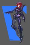  1girl arm_at_side blue_background breasts commentary_request full_body grey_background high_heels highres joints medium_breasts original reaching red_eyes redhead robot_girl robot_joints science_fiction short_hair_with_long_locks solo two-tone_background ushas 