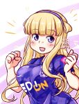  artist_logo blonde_hair blue_hairband breasts clenched_hands clothes_writing commentary_request dated double_bun fletcher_(kancolle) hair_bun hairband j._league kantai_collection kutone_shirika large_breasts long_hair purple_shirt sanfrecce_hiroshima shirt soccer_uniform sportswear upper_body violet_eyes 