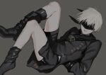  1boy bishounen black_blindfold black_coat blindfold coat full_body hineshika male_focus nier:automata nier_(series) short_hair shorts solo thighs white_hair yorha_no._9_type_s 