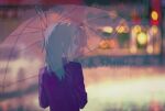  1boy ahoge blonde_hair blurry blurry_background caddy_rain closed_mouth commentary from_behind holding holding_umbrella jacket long_hair long_sleeves makoto_kagutsuchi male_focus master_detective_archives:_rain_code outdoors purple_jacket smile solo transparent transparent_umbrella umbrella upper_body 