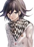  1boy :o black_hair buttons checkered_clothes checkered_scarf danganronpa_(series) danganronpa_v3:_killing_harmony double-breasted flipped_hair hair_between_eyes highres iwano_(iwanohiroko) jacket long_sleeves looking_at_viewer male_focus oma_kokichi open_mouth purple_hair scarf solo upper_body violet_eyes white_jacket 