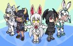  5girls :d animal_ears arm_at_side arm_up bird_ears bird_girl bird_wings blonde_hair bow bowtie broken_horn chibi closed_mouth crossed_arms dark-skinned_female dark_skin detached_sleeves expressionless extra_ears fingerless_gloves fox_ears fox_girl fox_tail fur_collar geta gloves goshingyu-sama_(kemono_friends) green_eyes grey_eyes grey_hair grey_horns greyscale hair_between_eyes hairband hand_up head_wings holding holding_mallet horizontal_pupils horns index_finger_raised jacket japanese_clothes kemono_friends kemono_friends_3 kimono kine leaning_forward legs_apart light_smile long_hair long_sleeves looking_at_viewer makami_(kemono_friends) mallet monochrome multicolored_hair multicolored_horns multiple_girls neck_ribbon oinari-sama_(kemono_friends) okobo one_eye_closed open_mouth outstretched_arms over_shoulder ox_ears ox_girl ox_horns ox_tail pantyhose rabbit_ears rabbit_girl rabbit_tail red_bow red_bowtie red_eyes ribbon shirt short_sleeves side-by-side skirt smile spread_arms srd_(srdsrd01) standing tabi tail thigh-highs thigh_strap tsukuyomi_shinshi_(kemono_friends) two-tone_hair very_long_hair white_hair wide_sleeves wings wolf_ears wolf_girl wolf_tail yatagarasu_(kemono_friends) yellow_eyes yellow_horns zettai_ryouiki 