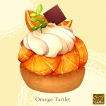  artist_logo artist_name chocolate commentary cream dessert english_commentary english_text food food_focus food_name fruit fruit_tart no_humans orange_(fruit) orange_slice original signature still_life tart_(food) yellow_background yuki00yo 