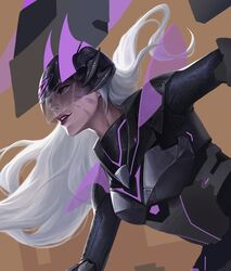  1girl black_bodysuit bodysuit brown_background clairemwc floating_hair from_side helmet kai&#039;sa league_of_legends long_hair power_armor red_lips solo teeth upper_body white_hair 