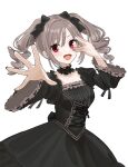  1girl absurdres black_choker black_dress black_ribbon blush bow breasts choker collarbone cowboy_shot dot_nose dress drill_hair frilled_choker frilled_dress frills grey_hair grey_nails hair_bow hair_ribbon hands_up highres idolmaster idolmaster_cinderella_girls idolmaster_cinderella_girls_starlight_stage kanzaki_ranko long_hair long_sleeves looking_at_viewer medium_breasts open_hand open_mouth reaching reaching_towards_viewer red_eyes ribbon ribbon-trimmed_dress simple_background smile solo standing tanupon twin_drills twintails white_background wide_sleeves 