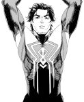  1boy absurdres arms_up commentary crosshatching greyscale hatching_(texture) highres male_focus marvel miguel_o&#039;hara monochrome muscular muscular_male solo spider-man:_across_the_spider-verse spider-man_(2099) spider-man_(series) spider-verse upper_body xyanaid 
