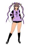  1girl black_footwear black_shorts black_socks blush closed_mouth hair_ornament hand_on_own_hip highres hood hoodie long_hair long_sleeves looking_at_viewer lovelovemaid mizuki_yukikaze purple_hair purple_hoodie shoes short_shorts shorts simple_background smile sneakers socks solo taimanin_(series) taimanin_yukikaze very_long_hair violet_eyes white_background 