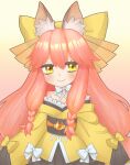  1girl absurdres animal_ear_fluff animal_ears bare_shoulders blush bow commentary_request fate/samurai_remnant fate_(series) fox_ears gradient_background hair_bow highres japanese_clothes kimono long_hair long_sleeves looking_at_viewer pink_hair short_eyebrows smile solo tamamo_(fate) tamamo_aria tsugumokei upper_body yellow_eyes yellow_kimono 