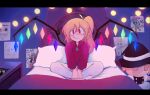  1girl alternate_costume bed bedroom blonde_hair closed_mouth commentary contemporary crystal drawing english_commentary english_text fang flandre_scarlet freckles fumo_(doll) highres indian_style indoors izayoi_sakuya kappce kirisame_marisa koishi_komeiji&#039;s_heart-throbbing_adventure komeiji_koishi long_sleeves one_side_up pants pillow pointy_ears red_eyes reisen_udongein_inaba sitting smile solo tatara_kogasa touhou white_pants wings zun_(style) 