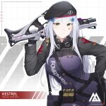  1girl artist_logo beret blunt_bangs breasts call_of_duty call_of_duty:_mobile character_name cosplay facial_mark girls_frontline gloves green_eyes grey_hair gun hair_ornament hat highres hk416_(girls&#039;_frontline) hk416_(girls&#039;_frontline)_(cosplay) holding jacket kestrel_(call_of_duty:_mobile) long_hair long_sleeves looking_at_viewer narchiart simple_background solo teardrop teardrop_facial_mark teardrop_tattoo very_long_hair weapon 