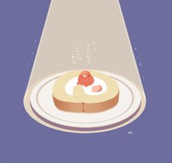  bird cake chai_(drawingchisanne) commentary_request dessert food food-themed_creature food_focus fruit no_humans on_food original plate signature simple_background sitting_on_food sparkle spotlight strawberry sweets_bird swiss_roll translation_request undersized_animal 