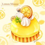  0_0 :3 animal artist_name black_eyes chibi chibi_inset closed_mouth commentary cream dessert dog_(yuki00yo) english_commentary english_text food food_focus food_name fruit happy lemon_print looking_at_another looking_at_viewer mint mousse_(food) no_humans orange_(fruit) orange_slice original sheep_(yuki00yo) signature smile solid_oval_eyes tongue tongue_out white_eyes yellow_background yuki00yo 