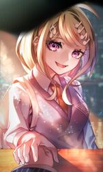  1boy 1girl :d ahoge akamatsu_kaede blonde_hair breasts collared_shirt danganronpa_(series) danganronpa_v3:_killing_harmony hair_ornament highres holding_hands large_breasts long_hair lower_teeth_only musical_note musical_note_hair_ornament necktie nota_sayaka orange_necktie pink_eyes pink_sweater_vest pov saihara_shuichi shirt smile solo_focus sweater_vest table teeth white_shirt 