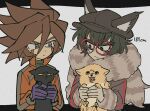  2boys animal animal_ears animal_hat black_cat black_headwear blue_eyes brown_hair cabbie_hat cat character_request closed_mouth coat commentary_request copyright_request crossover dog eye_contact facial_mark fake_animal_ears fur-trimmed_sleeves fur_collar fur_trim glasses gloves green_hair grey_coat hair_between_eyes hat height holding holding_animal holding_cat holding_dog jacket karabako long_sleeves looking_at_another male_focus master_detective_archives:_rain_code multiple_boys open_mouth orange_jacket purple_gloves red-framed_eyewear red_eyes round_eyewear short_hair spiky_hair thick_eyebrows upper_body white_gloves zilch_alexander 