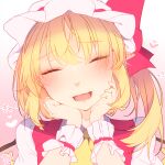  1girl ascot chisiro_unya_(unya_draw) closed_eyes facing_viewer fang flandre_scarlet gradient_background hands_on_own_chin happy hat heart long_hair mob_cap one_side_up open_mouth pink_background portrait puffy_short_sleeves puffy_sleeves red_ribbon red_vest ribbon ribbon-trimmed_headwear ribbon_trim shirt short_sleeves solo touhou vest white_background white_headwear white_shirt wings wrist_cuffs yellow_ascot 
