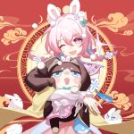 &gt;_&lt; 1girl 1other :3 ;d alternate_costume animal_ears black_fur blue_eyes blush_stickers check_translation chinese_clothes chinese_commentary earrings fake_animal_ears flower_ornament hair_between_eyes hair_ornament head_tilt highres honkai:_star_rail honkai_(series) jewelry looking_at_viewer march_7th_(honkai:_star_rail) medium_hair mumu123 one_eye_closed open_mouth pink_eyes pink_hair pom-pom_(honkai:_star_rail) pom_pom_(clothes) rabbit rabbit_ears smile straight-on tearing_up translation_request two-tone_eyes upper_body wubbaboo_(honkai:_star_rail) x3 
