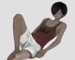  1boy barefoot black_eyes black_hair closed_mouth dark-skinned_male dark_skin grey_background hair_over_one_eye ikezawa_kazuma kawatiw male_focus red_tank_top shorts simple_background solo summer_wars tank_top white_shorts 