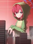  1girl absurdres bananafish1111 blue_archive building city closed_mouth dinosaur_costume dinosaur_hood dinosaur_tail giant giantess green_hoodie grey_eyes halo highres hood hood_up hoodie iroha_(blue_archive) long_hair long_sleeves looking_at_viewer red_sky redhead sky skyscraper solo tail 