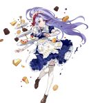  1girl breasts cake clenched_teeth detached_collar dress fire_emblem fire_emblem:_genealogy_of_the_holy_war fire_emblem_heroes food frilled_dress frills fruit full_body highres leg_up long_dress long_hair macaron maid maid_headdress medium_breasts non-web_source official_art parted_lips pastry ponytail puffy_short_sleeves puffy_sleeves purple_hair scar scar_on_cheek scar_on_face shoes short_sleeves skirt solo strawberry tailtiu_(fire_emblem) teeth tiered_tray torn_clothes torn_dress torn_skirt urata_asao violet_eyes 