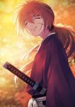  1boy blurry blurry_background closed_eyes closed_mouth commentary cross_scar hair_between_eyes hakama hakama_pants highres himura_kenshin japanese_clothes katana kimono long_hair long_sleeves looking_at_viewer low_ponytail male_focus orange_hair pants red_kimono redhead remsor076 rurouni_kenshin samurai scar scar_on_cheek scar_on_face sheath sheathed smile solo sword twitter_username upper_body weapon white_hakama wide_sleeves 