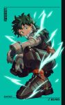  1boy armored_boots artist_name belt boku_no_hero_academia boots character_name closed_mouth freckles full_body gloves green_eyes green_hair green_jumpsuit highres jumpsuit knee_pads looking_at_viewer male_focus midoriya_izuku red_belt short_hair solo spiky_hair squatting superhero utility_belt yeol2510 