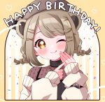  1girl :q absurdres animal_ears bear_ears beret black_shirt blush braid brown_eyes brown_hair brown_headwear closed_mouth commentary_request confetti hair_ornament hairclip happy_birthday hat heart heart_print highres kino_haruc konan_mia long_sleeves low_twin_braids medium_bangs nanashi_inc. one_eye_closed print_shirt shirt short_hair smile solo sweater tongue tongue_out twin_braids upper_body virtual_youtuber watch watch white_sweater 