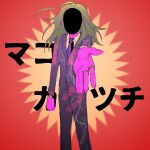  1boy ahoge blonde_hair blue_necktie character_name collared_shirt colored_skin faceless formal gojuu-san highres jacket jewelry long_hair long_sleeves makoto_kagutsuchi male_focus master_detective_archives:_rain_code necktie outstretched_arm pants pink_skin purple_jacket purple_pants reaching reaching_towards_viewer ring shirt solo standing white_shirt 