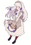  1girl apron basket black_footwear blush brown_pantyhose closed_mouth commentary cookie do_m_kaeru dress fire_emblem fire_emblem:_three_houses fire_emblem_heroes floating_hair food full_body grey_apron hair_ribbon holding holding_basket long_hair long_sleeves looking_at_viewer lysithea_von_ordelia lysithea_von_ordelia_(tea_party) maid_headdress official_alternate_costume pantyhose pink_eyes purple_ribbon ribbon shoes simple_background solo waist_apron white_background white_dress white_hair 