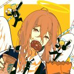  1boy 2others angel angel_devil_(chainsaw_man) angel_wings black_jacket black_necktie brown_hair chainsaw_man chocolate_doughnut collared_shirt doughnut drinking_straw emoji food food_in_mouth hair_between_eyes halo highres holding holding_food holding_ice_cream ice_cream jacket looking_at_viewer medium_hair mini_person miniboy multiple_others necktie null024 shirt starbucks suit suit_jacket white_shirt wings 