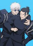  2boys ^_^ arm_around_shoulder bag black_eyes black_hair black_jacket black_pants blue_background closed_eyes cowboy_shot ear_piercing getou_suguru gojou_satoru hair_bun hair_pulled_back highres jacket jujutsu_kaisen jujutsu_tech_uniform male_focus multiple_boys one_eye_closed open_mouth pants piercing school_bag school_uniform short_hair simple_background smile standing sunglasses tori150 white_hair 