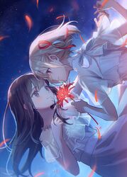  2girls bare_shoulders black_hair blonde_hair blush closed_mouth commentary dress eye_contact falling_petals floating_hair flower frilled_dress frills hair_ribbon highres holding holding_flower inoue_takina long_hair looking_at_another lycoris_recoil multiple_girls night night_sky nishikigi_chisato off-shoulder_dress off_shoulder oyuyu petals red_eyes red_flower red_ribbon ribbon short_hair sidelocks sideways sky smile spider_lily upper_body violet_eyes white_dress yuri 