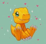  agumon agumon_(artist) blush claws closed_mouth colored_skin commentary digimon digimon_(creature) dragon english_commentary fangs full_body green_background green_eyes heart highres light_smile looking_at_viewer monster on_floor orange_skin simple_background sitting smile solo sparkle 