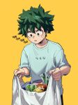  1boy bag boku_no_hero_academia freckles green_eyes green_hair groceries holding holding_bag male_focus midoriya_izuku shirt shopping_bag short_hair simple_background solo spiky_hair sweat t-shirt white_shirt yellow_background yeol2510 