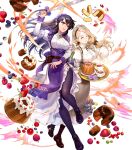  2girls apron asatani_tomoyo ayra_(fire_emblem) black_hair blonde_hair breasts dress fire_emblem fire_emblem:_genealogy_of_the_holy_war fire_emblem:_three_houses fire_emblem_heroes full_body highres holding long_skirt long_sleeves maid maid_headdress medium_breasts mercedes_von_martritz multiple_girls non-web_source official_art pantyhose puffy_sleeves shoes side_slit skirt transparent_background violet_eyes wrist_cuffs 