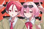  1boy 1girl antenna_hair araki_(utaite) bow bowtie eyewear_on_head forehead highres intkrgr_anm necktie niconico nqrse open_mouth pink_eyes pink_hair pointing red_bow red_bowtie red_eyes red_necktie red_ribbon redhead ribbon school_uniform short_hair sunglasses sweater utaite yellow_sweater 