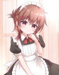  1girl absurdres alternate_costume apron black_dress blush brown_eyes brown_hair closed_mouth collared_dress dress enmaided folded_ponytail frilled_apron frills hair_between_eyes highres inazuma_(kancolle) kantai_collection kashiwadokoro long_hair looking_at_viewer maid maid_apron maid_headdress short_sleeves smile solo upper_body white_apron 