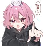  1girl animal_on_head black_hoodie hood hoodie intkrgr_anm long_sleeves niconico nqrse nqrse_no_neko on_head pink_eyes pink_hair short_hair solo utaite 