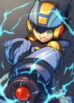 1boy android arm_cannon blue_headwear bodysuit collarbone electricity glitch green_eyes grey_background helmet male_focus mega_man_(series) mega_man_battle_network_(series) megaman.exe open_mouth pechka signature solo teeth upper_teeth_only weapon 