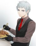  1boy black_gloves black_vest brown_shirt chopsticks closed_mouth collared_shirt food gloves grey_eyes grey_hair holding holding_chopsticks isa_(peien516) long_sleeves looking_at_viewer male_focus necktie persona persona_3 red_necktie sanada_akihiko shirt simple_background solo upper_body vest 