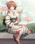  1girl blush brown_hair clouds day flipped_hair floral_print flower green_eyes hand_fan highres holding holding_fan japanese_clothes kantai_collection kasumi_(skchkko) kimono long_sleeves looking_at_viewer lotus lotus_leaf mutsu_(kancolle) obi outdoors paper_fan pink_flower sandals sash short_hair sitting sky smile solo striped striped_kimono white_kimono wide_sleeves yukata 