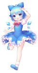  1girl blue_bow blue_dress blue_eyes blue_footwear blue_hair blush bow cirno coa_(chroo_x) collared_shirt detached_wings dress fairy frilled_dress frills full_body hair_between_eyes hair_bow highres ice ice_wings open_mouth shirt shoes short_hair short_sleeves simple_background smile socks solo touhou v white_background white_shirt white_socks wings 