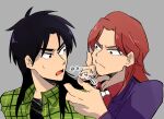  2boys black_hair blue_eyes brown_hair closed_mouth commentary_request frown green_shirt grey_background ichijou_seiya inudori itou_kaiji jacket kaiji long_hair long_sleeves looking_at_another male_focus medium_bangs multiple_boys necktie open_mouth parted_bangs plaid plaid_shirt purple_jacket red_eyes red_shirt shirt simple_background upper_body white_necktie 