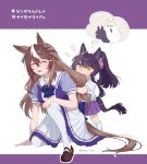  3girls =3 aged_down animal_ears bandaid bandaid_on_face bandaid_on_nose biwa_hayahide_(umamusume) black_hair blush bow bowtie breasts brown_footwear brown_hair closed_eyes closed_mouth female_child highres holding_hands horse_ears horse_girl horse_tail multicolored_hair multiple_girls narita_brian_(umamusume) on_one_knee open_mouth ponytail puffy_short_sleeves puffy_sleeves purple_shirt purple_skirt renma_(renma_0503) sailor_collar school_uniform shirt shoes short_sleeves skirt small_breasts socks standing streaked_hair summer_uniform symboli_rudolf_(umamusume) tail thigh-highs thought_bubble tracen_school_uniform twitter_username umamusume white_shirt white_skirt white_socks white_thighhighs yellow_eyes 