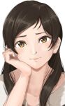  1girl blush breasts brown_eyes brown_hair closed_mouth collarbone gatsby_ssl hair_over_shoulder hand_on_own_cheek hand_on_own_face hand_up head_rest highres idolmaster idolmaster_million_live! idolmaster_million_live!_theater_days kitazawa_shiho long_hair long_sleeves looking_at_viewer medium_breasts portrait shirt simple_background solo white_background white_shirt 