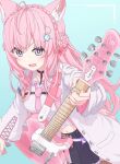  animal_ears braid cxe guitar hair_ornament hakui_koyori hakui_koyori_(1st_costume) highres hololive instrument lab_coat long_hair nail_polish navel pink_hair pink_nails virtual_youtuber 