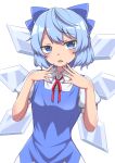  1girl absurdres blue_bow blue_dress blue_eyes blue_hair blue_nails bow cirno collared_shirt detached_wings dress dress_shirt head_tilt highres looking_at_viewer mooramango nail_polish neck_ribbon open_mouth pinafore_dress puffy_short_sleeves puffy_sleeves red_ribbon ribbon shirt short_hair short_sleeves simple_background sleeveless sleeveless_dress solo touhou upper_body white_background white_shirt wings 