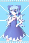  1girl blue_background blue_bow blue_dress blue_eyes blue_hair blue_theme blush bow circled_9 cirno closed_mouth collared_shirt cropped_legs detached_wings dress hair_bow hand_on_own_chest hand_on_own_hip ice ice_wings light_smile neck_ribbon one_side_up pinafore_dress puffy_short_sleeves puffy_sleeves red_ribbon ribbon sbgu shirt short_sleeves simple_background sleeveless sleeveless_dress solo touhou white_shirt wings 