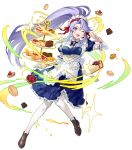  1girl cake cake_slice detached_collar dress fire_emblem fire_emblem:_genealogy_of_the_holy_war fire_emblem_heroes floating floating_object food frilled_dress frills fruit full_body glowing highres leg_up long_dress long_hair macaron maid maid_headdress non-web_source official_art one_eye_closed open_mouth pastry ponytail puffy_short_sleeves puffy_sleeves purple_hair shoes short_sleeves sidelocks smile solo sparkle strawberry tailtiu_(fire_emblem) thigh-highs tiered_tray urata_asao violet_eyes 
